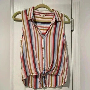 Aeropostale Soft Flowy Front Knot Striped Sleeveless Collared Blouse Size S